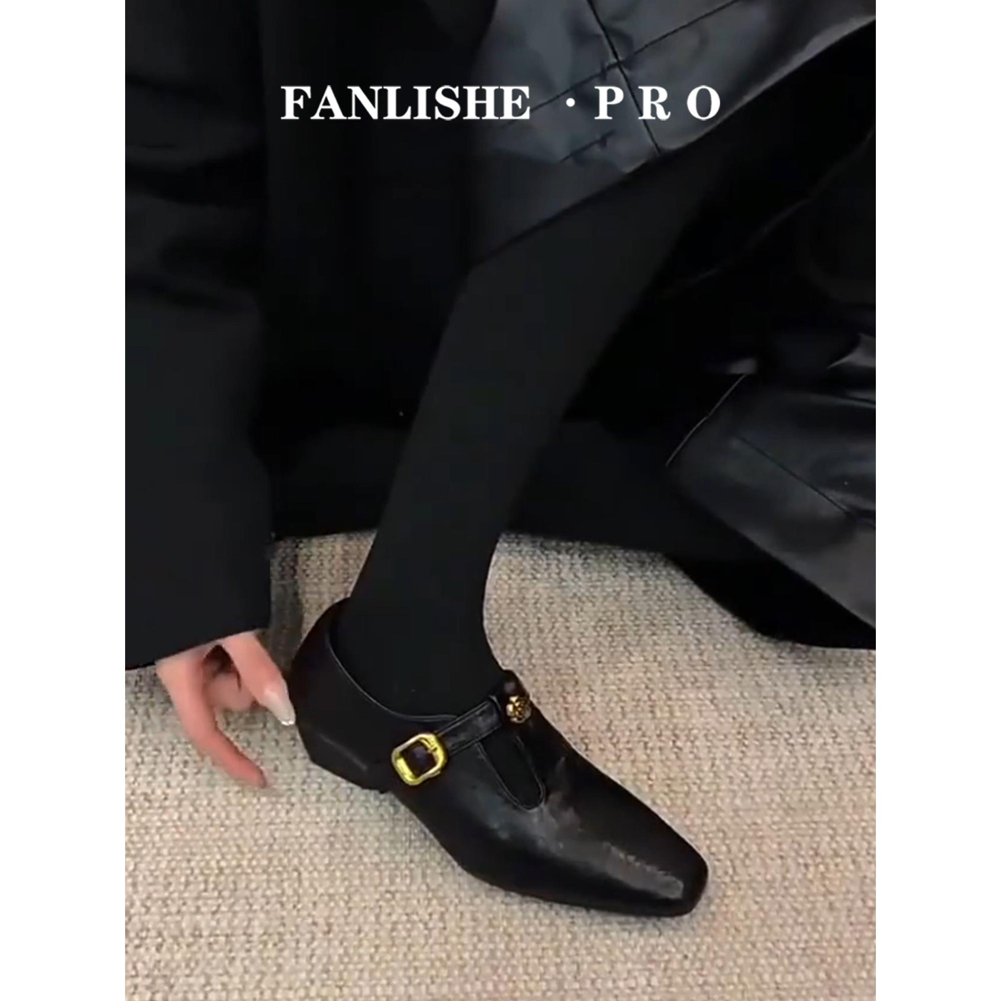 羊皮版!英伦方头坡跟小皮鞋法式气质山茶花黑色单鞋女乐福鞋百搭