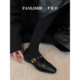 羊皮版！英伦方头坡跟小皮鞋法式气质山茶花黑色单鞋女乐福鞋百搭