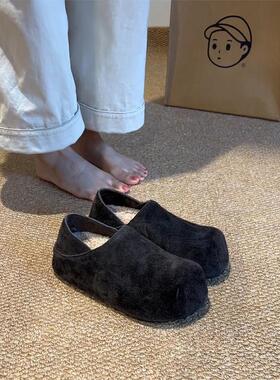 羊皮！勃肯鞋女2025新款极简风灰色圆头可踩脚两穿保暖内增高棉鞋