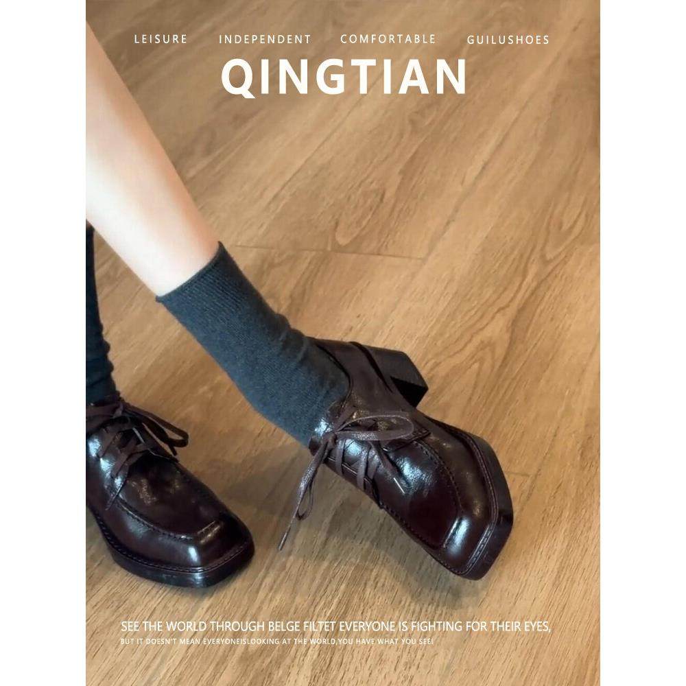 羊皮版~高级感法式复古圆头交叉系带皮鞋女气质英伦风粗跟乐福鞋,女鞋,乐福鞋（豆豆鞋）,淘宝优惠券,粉丝福利购,淘宝优惠卷