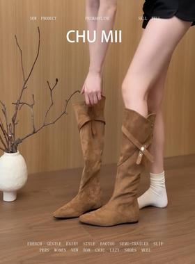 羊皮版~法式复古绒面骑士靴女内增高皮带扣长筒靴高跟显瘦堆堆靴