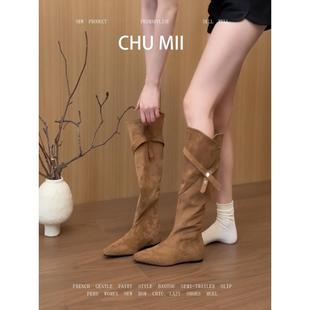 羊皮版~法式复古绒面骑士靴女内增高皮带扣长筒靴高跟显瘦堆堆靴