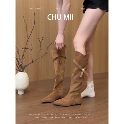 羊皮版~法式复古绒面骑士靴女内增高皮带扣长筒靴高跟显瘦堆堆靴