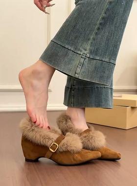 羊皮版~法式毛毛玛丽珍鞋女内增高尖头一字扣带加绒保暖舒适单鞋