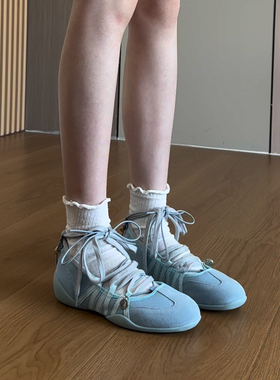 牛皮版~张元英同款韩国芭蕾鞋运动风内增高玛丽珍鞋圆头蓝色单鞋