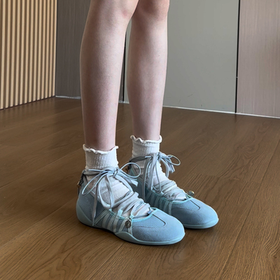 牛皮版~张元英同款韩国芭蕾鞋运动风内增高玛丽珍鞋圆头蓝色单鞋