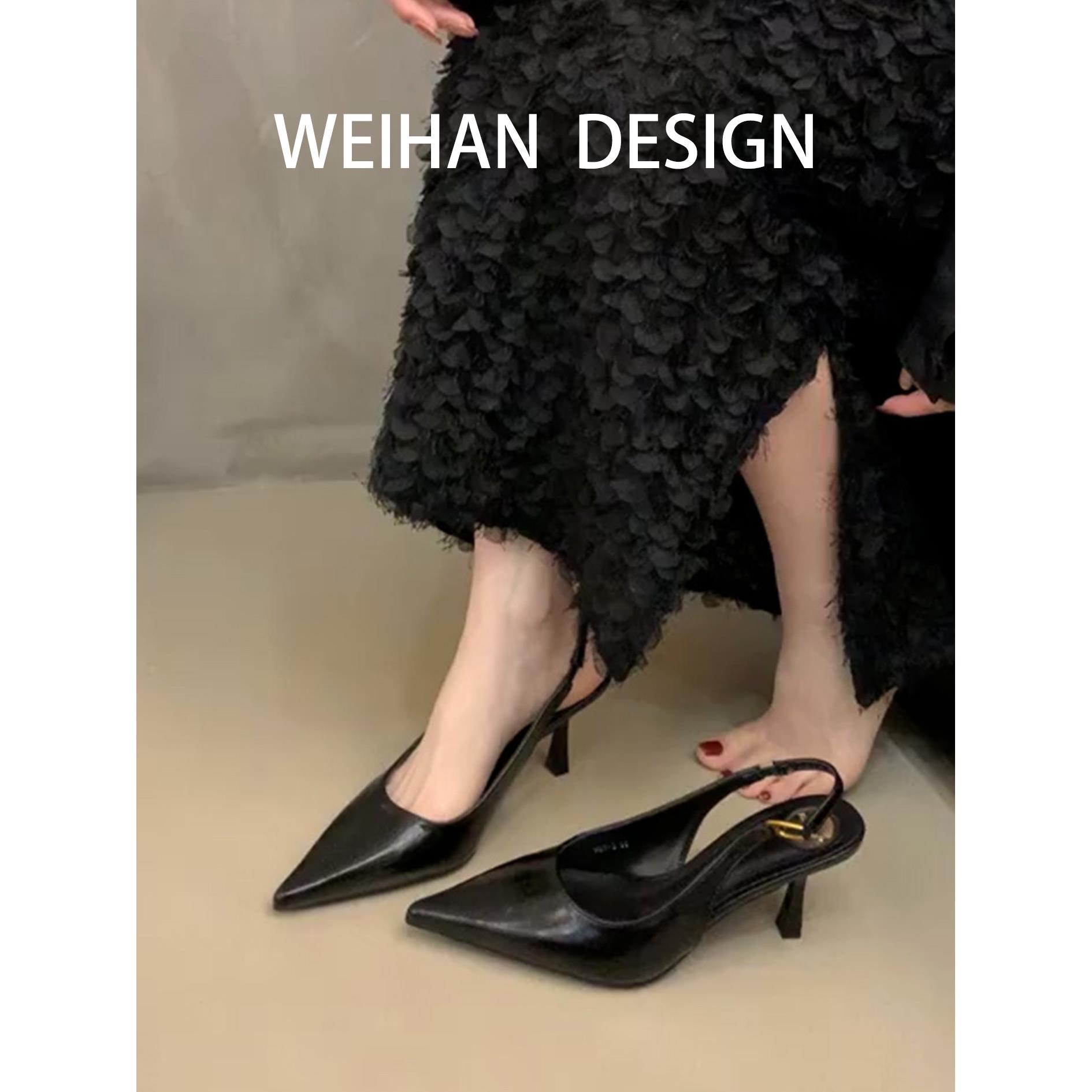 羊皮版！尖头细跟韩版时装凉鞋女后空一字带高跟单鞋女职业工作鞋