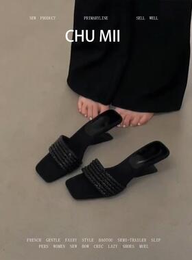 羊皮版！法式绝美水钻凉拖鞋女方头一字带坡跟凉鞋黑色露趾高跟鞋