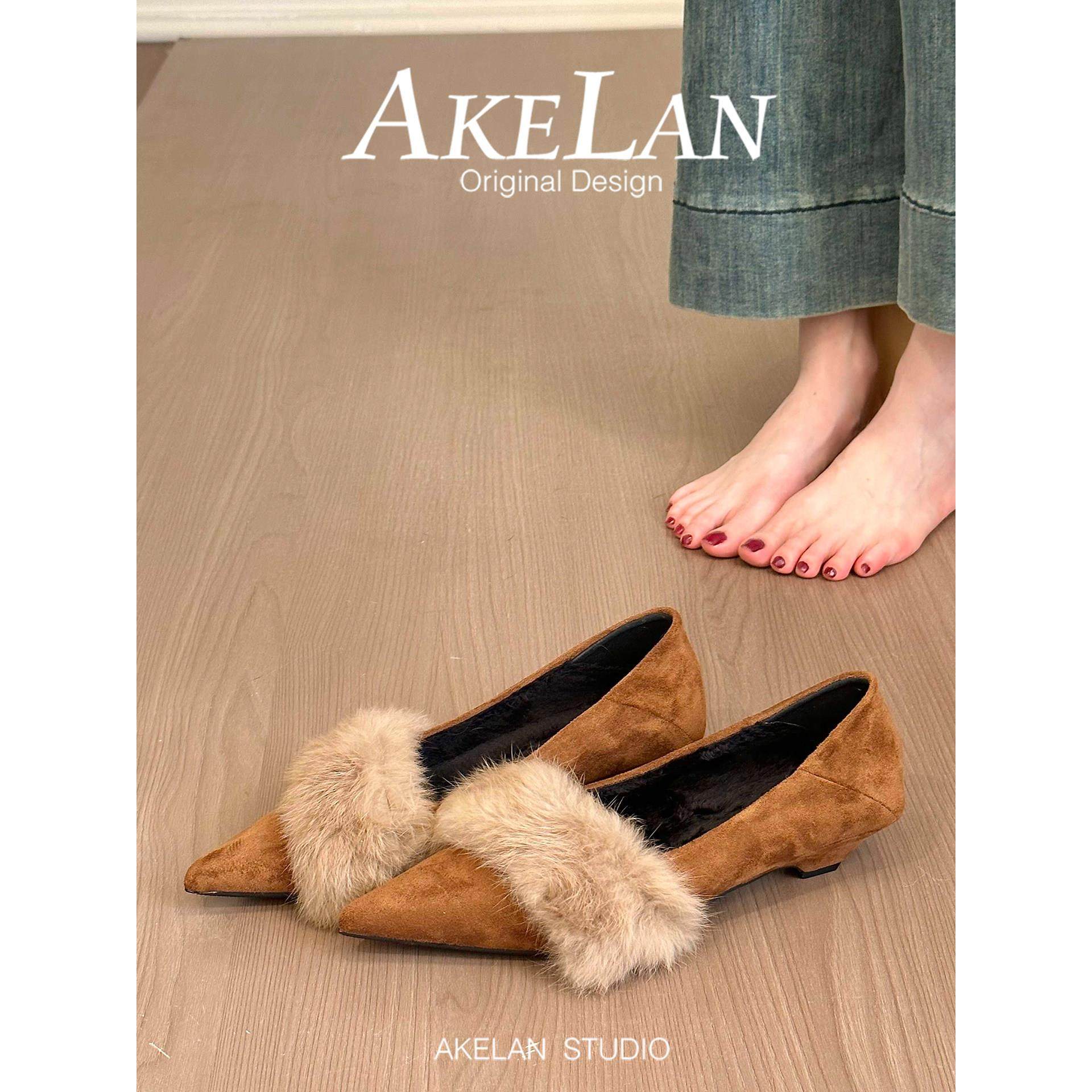 羊皮版~绒面复古尖头毛毛鞋女秋冬加绒粗跟单鞋通勤低跟玛丽珍鞋,女鞋,玛丽珍鞋,淘宝优惠券,粉丝福利购,淘宝优惠卷