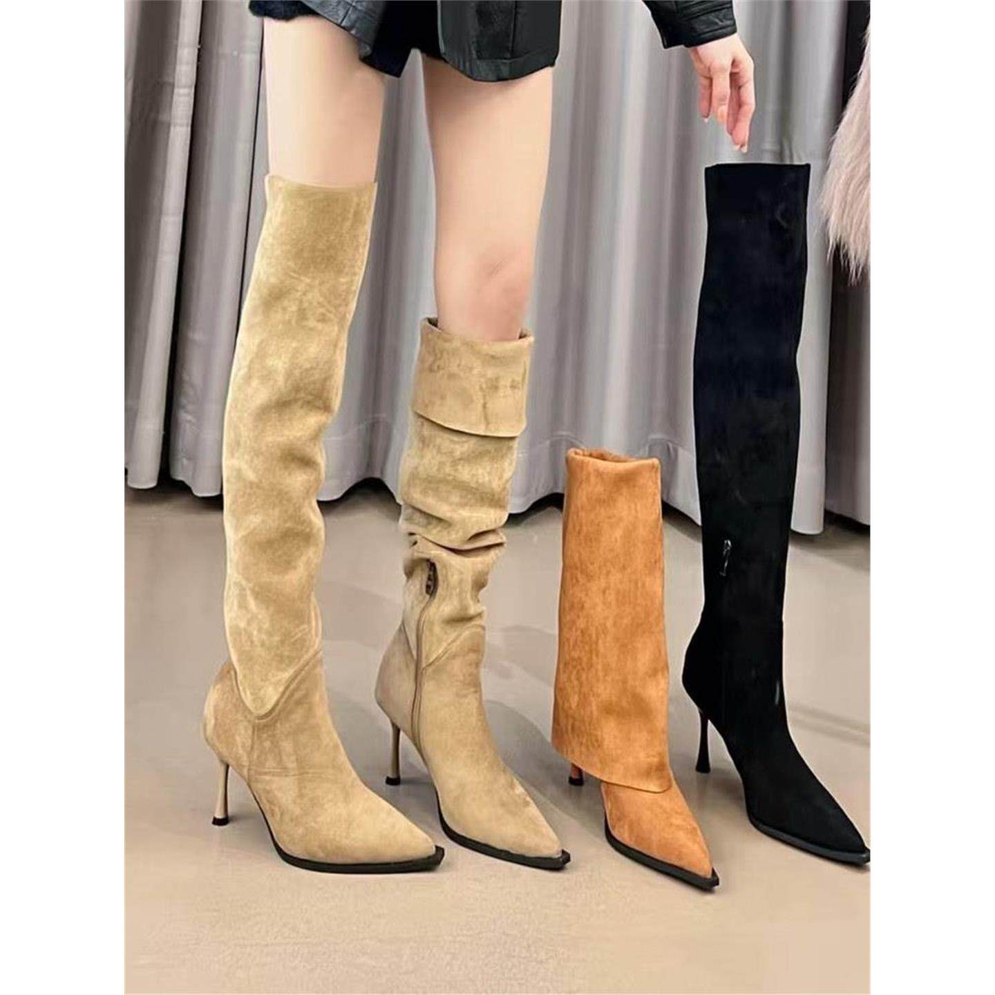 羊皮版！尖头高跟过膝长靴2025新款秋季法式卡其色细跟褶皱堆堆靴,女鞋,时装靴,淘宝优惠券,粉丝福利购,淘宝优惠卷