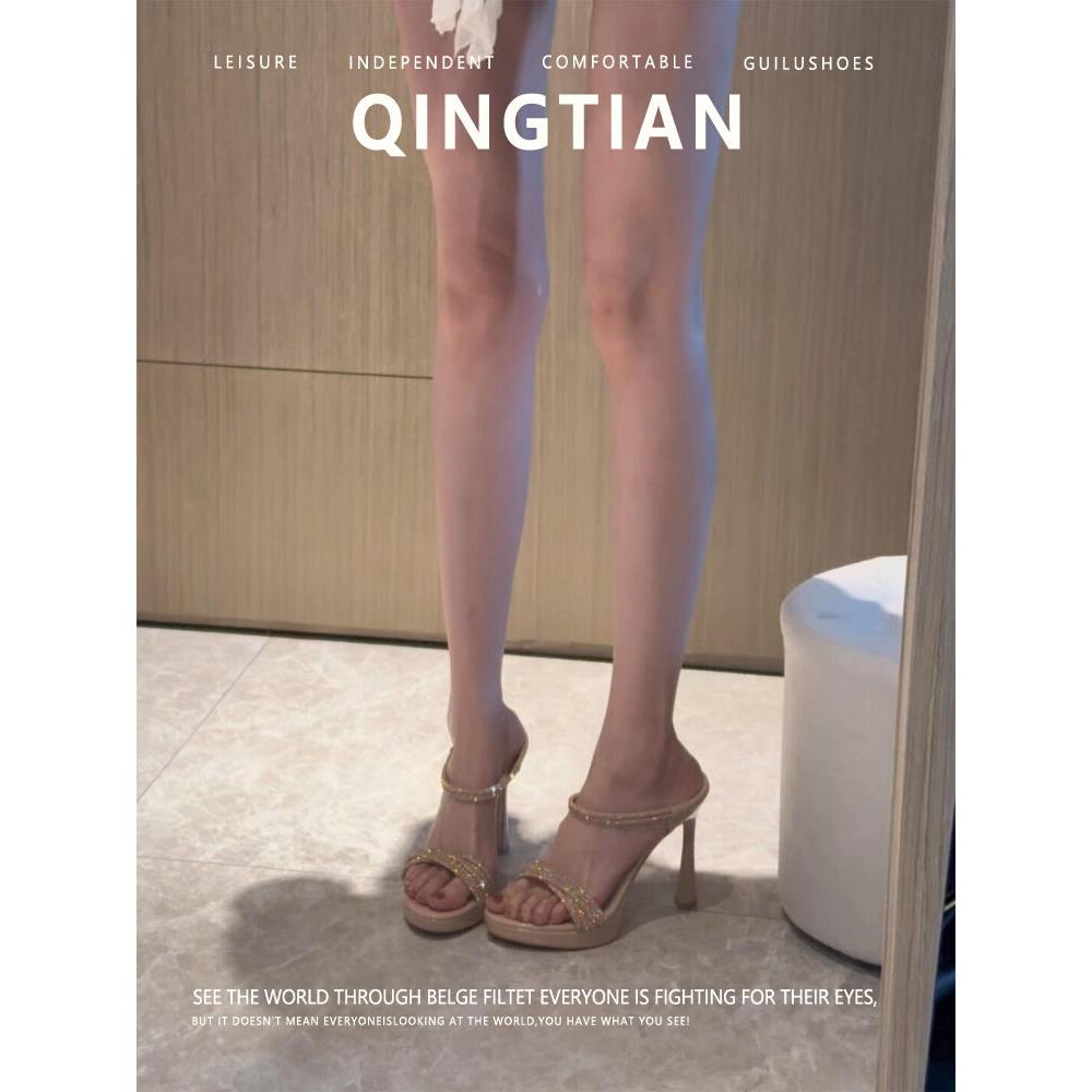 羊皮~温柔裸色漆皮防水台一字交叉带水钻高跟鞋女绝美细跟凉拖鞋