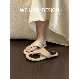 羊皮版 復(fù)古磨砂平底夾趾人字拖女夏外穿軟底休閑沙灘外穿涼拖鞋