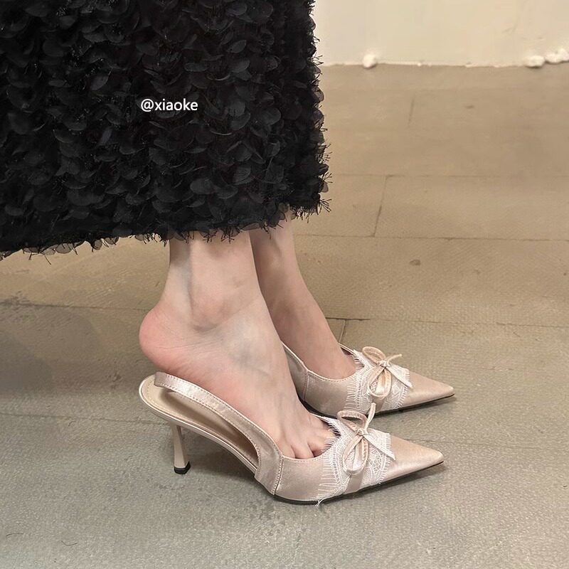 羊皮版！法式绝美蝴蝶结尖头包头凉鞋女小众婚鞋细跟高跟后空单鞋