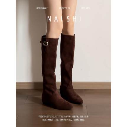 羊皮版！复古西部牛仔靴女内增高堆堆长筒靴百搭绒面美拉德骑士靴