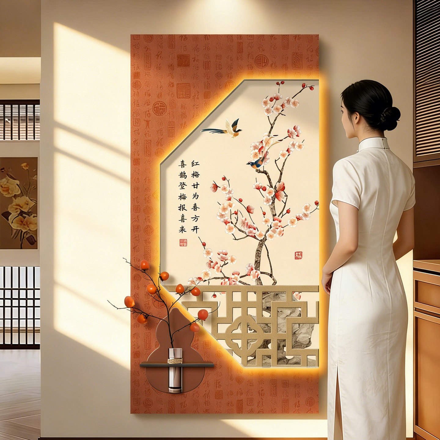 新中式入户玄关装饰画进门走廊过道墙面挂画高级感花鸟可水培挂画