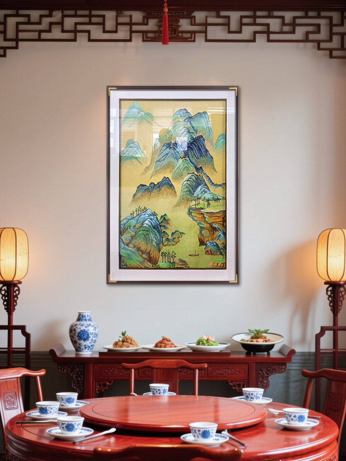 千里江山图苏绣挂画餐厅背景墙装饰画饭店招财山水流水生财风景画