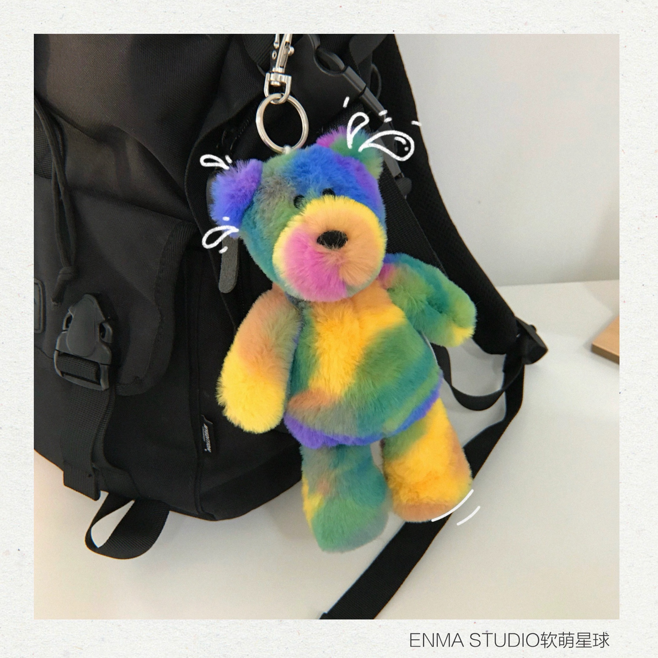 ENMA STUDIO五彩熊毛绒公仔挂件可爱彩虹兔子包挂饰情侣书包装饰