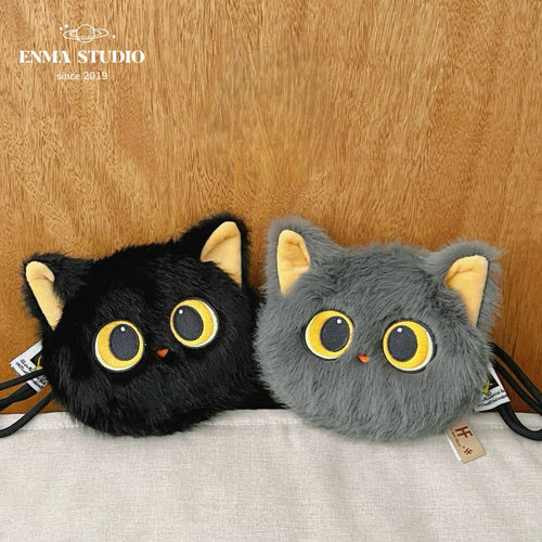 ENMA STUDIO呆萌大眼黑猫零钱包挂件可爱卡通毛绒便携耳机收纳包