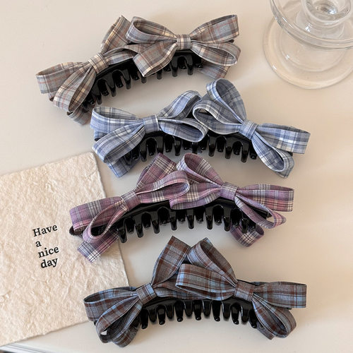 韩系甜美百搭少女粉立体格纹双蝴蝶结香蕉夹女2026新款高马尾发夹