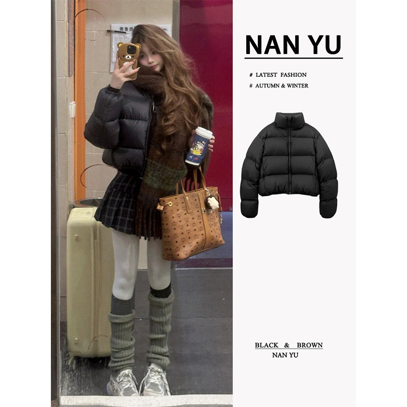 肯豆风黑色短款羽绒服女小个子2025冬季美式立领加厚保暖面包服新