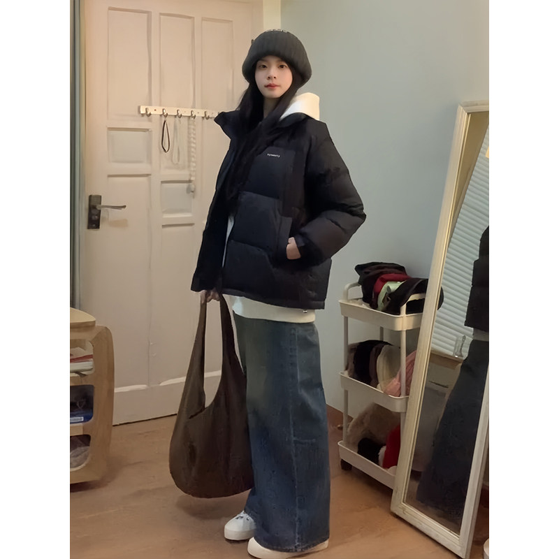 黑色短款羽绒服女2024冬季新款加厚立领90白鸭绒小个子面包服外套