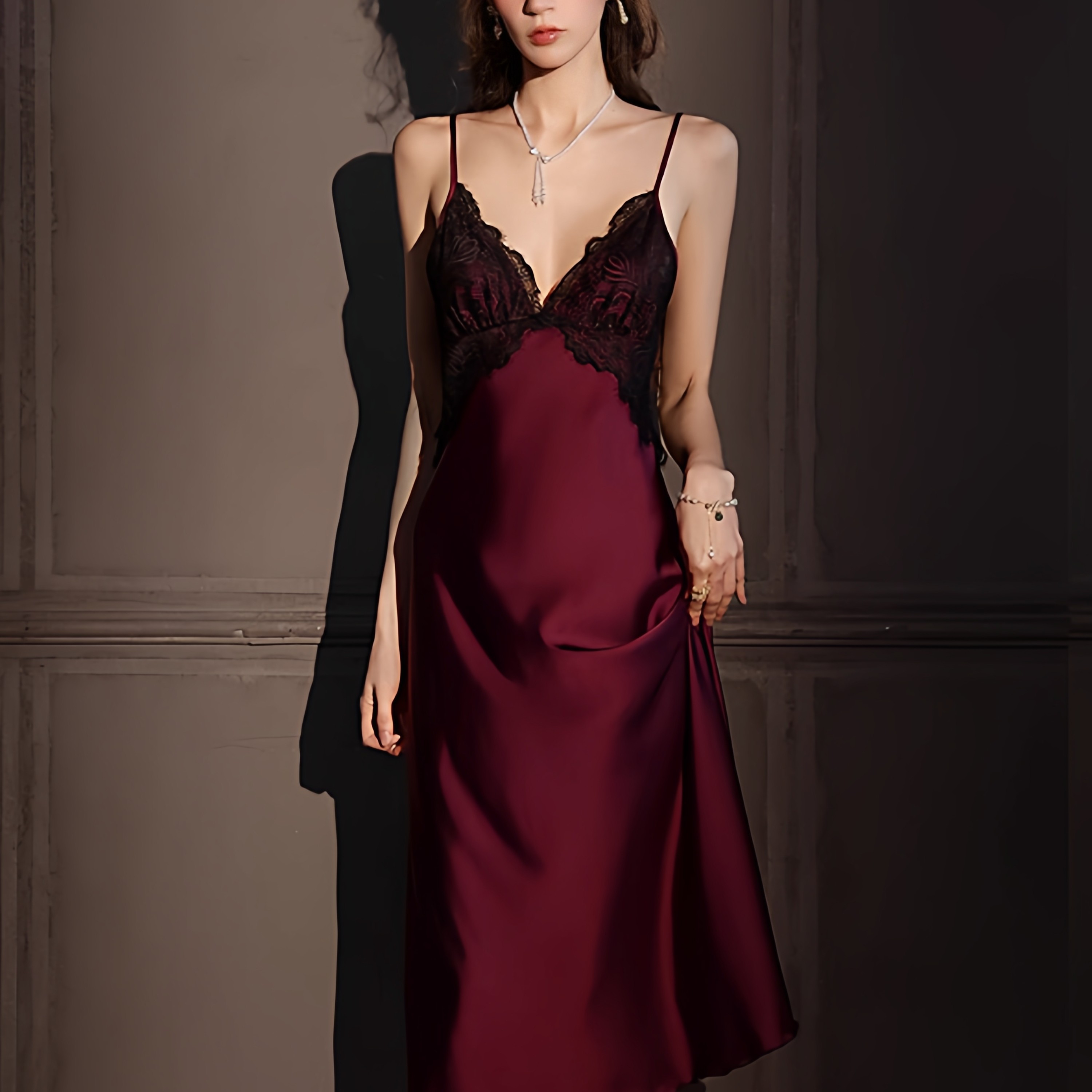 纯欲晨袍女性感吊带背心法式蕾丝睡裙带胸垫桑蚕丝家居服睡衣套装