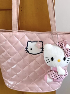 中古可爱Hello Kitty珠光手提包单肩包pu亮面大容量水桶包手拎包