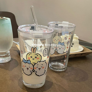 日式可爱卡通吉伊卡娃印花玻璃杯ins大容量吸管杯带盖带刻度杯子