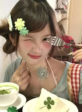 小众自制古早风绿色四叶草立体布艺发卡甜美碎发刘海边夹头饰