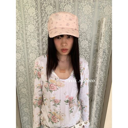 韩系设计感春夏碎花遮阳马术帽时尚休闲百搭平顶甜美显脸小鸭舌帽