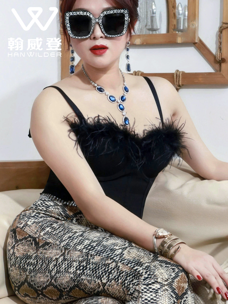 欧美ins美背外穿修身小吊带蹦迪背心女羽毛演出服抹胸音乐节 内搭