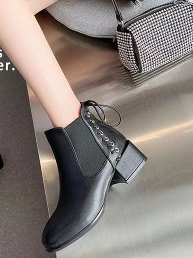 BOOTS GIRLS CHELSEA BOOTS HEEL HEELS 2023 NEW SPRING AND AUTUMN ROUND TOE SINGLE BOOTS NON-SLIP BOOTS WINTER FLEECE
