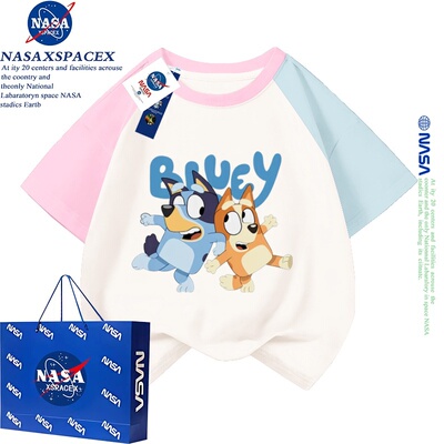 NASA联名小狗布鲁伊一家bluey周边短袖男女儿童春夏季可爱T恤衣服
