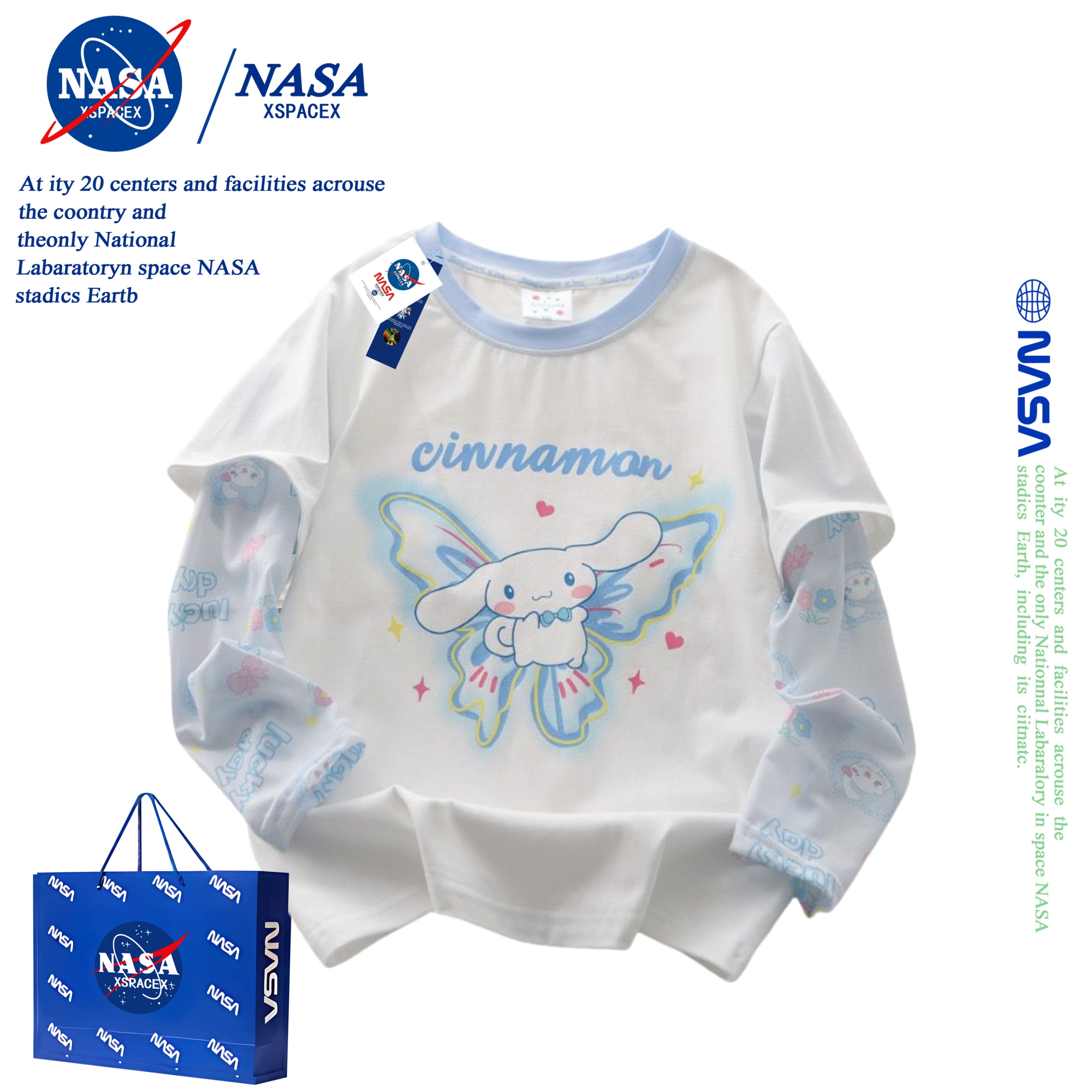 NASA联名玉桂狗假两件上衣服夏季薄款带长袖的防晒衫纯棉短袖t恤