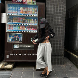 高腰百搭通勤休闲裤 秋冬新款 子 复古简约灰色阔腿七分卫衣中裤 美式