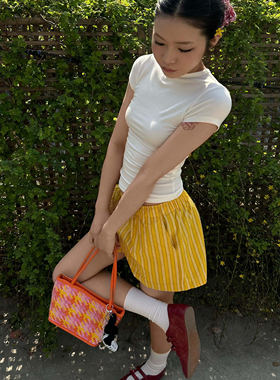 美式复古辣妹柠檬黄条纹宽松短裤女夏季新款高腰松紧百搭休闲短裤