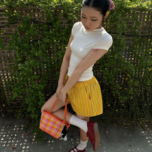 美式复古辣妹柠檬黄条纹宽松短裤女夏季新款高腰松紧百搭休闲短裤