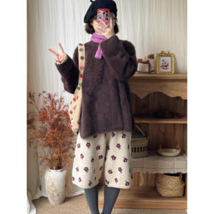 子 加厚百搭宽松直筒裤 日系复古棉羊毛碎花针织休闲五分裤 秋冬新款