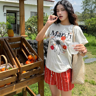 高腰百搭休闲阔腿裤 新款 女夏季 日系复古简约串珠抽绳居家清爽短裤