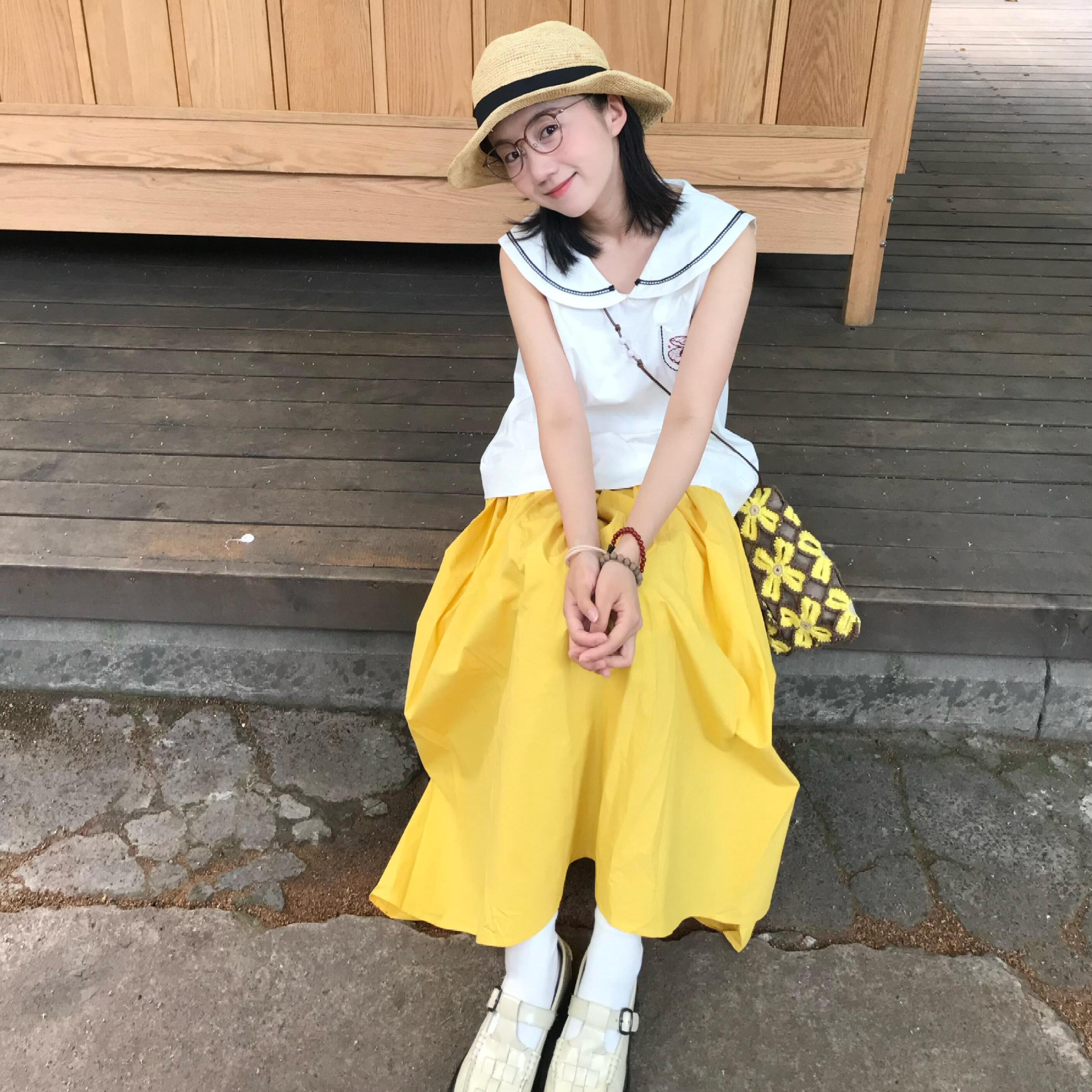 黄色长绒棉松紧腰立体弧形半身裙女2025春秋季新款ins潮中长裙子