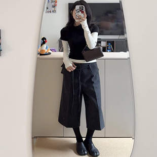 日系复古加厚百搭深灰色西装毛呢七分裤秋冬新款高腰直筒阔腿裤