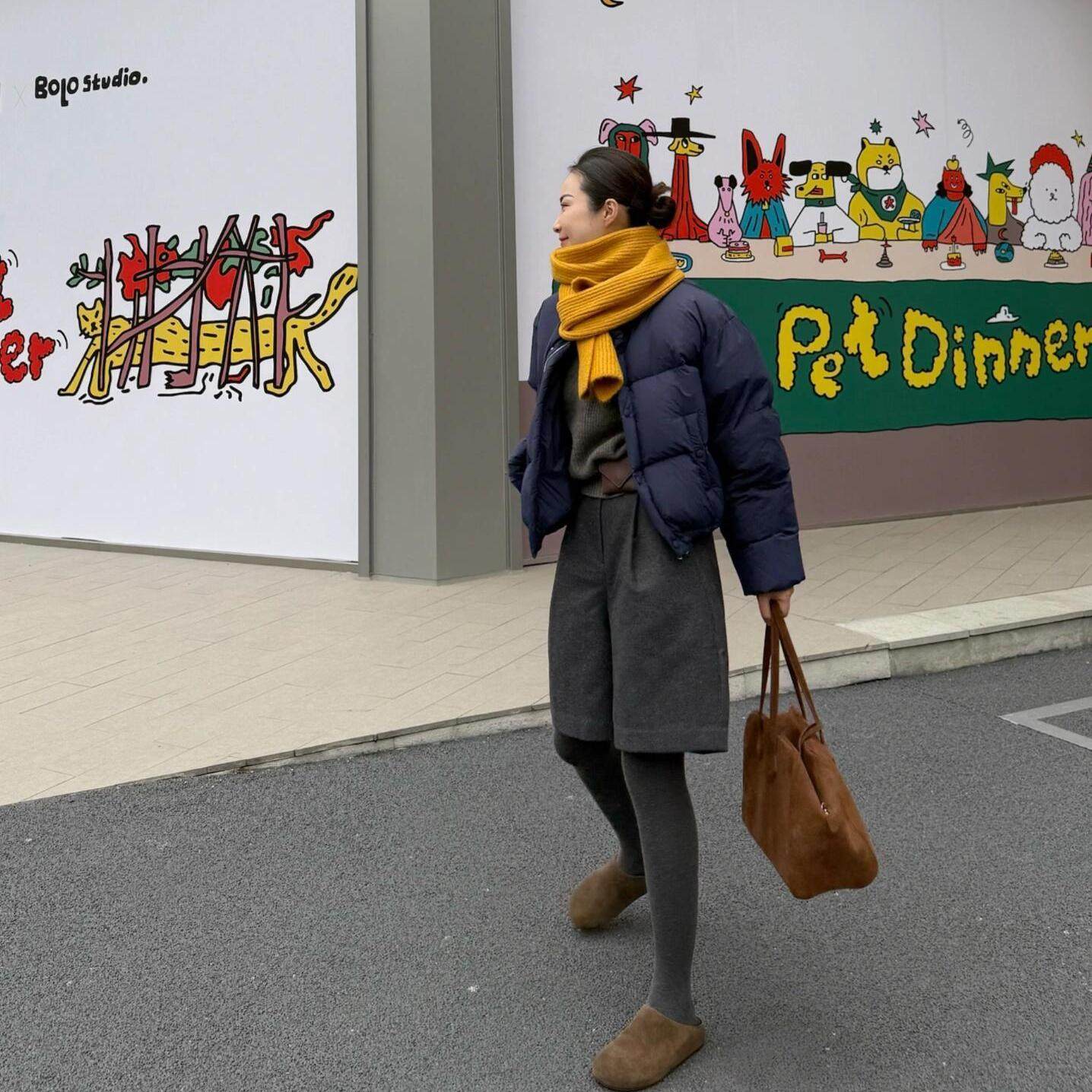 日系复古高腰深灰色毛呢五分裤女2025冬季新款百搭加厚后松紧裤子
