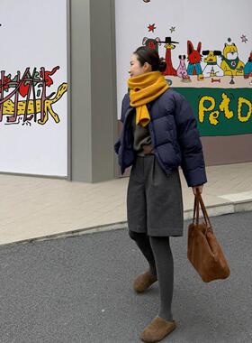 日系复古高腰深灰色毛呢五分裤女2025冬季新款百搭加厚后松紧裤子