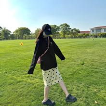 美式复古淡黄色波点半身裙女夏季新款百搭休闲抽绳高品质中长裙子