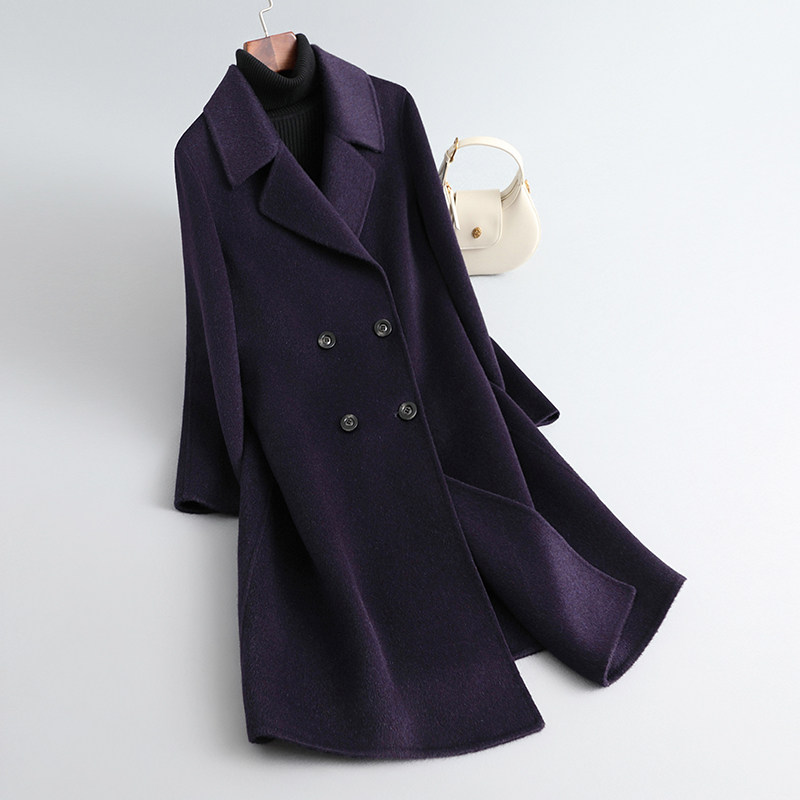 紫色西装领中长款毛呢外套