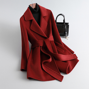 新年红色2025秋冬新款双面羊绒大衣中长款小个子系带双面羊毛呢子