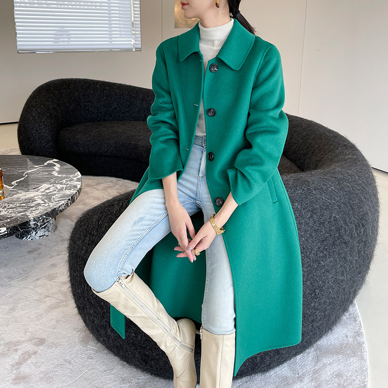 绿色呢子绿色赫本风双面羊绒大衣