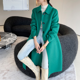 赫本风绿色修身 秋季 呢子羊毛呢外套 2024新款 双面羊绒大衣中长款