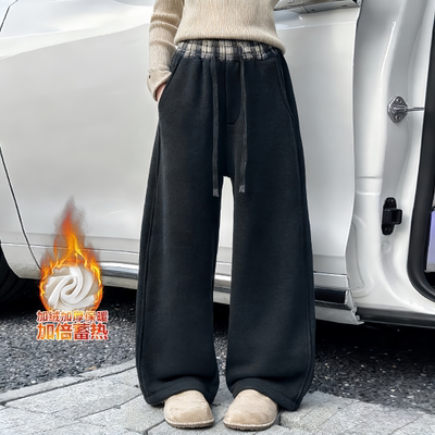 女童加绒裤子冬季2025新款大童一体绒休闲卫裤女孩加厚直筒糯米裤