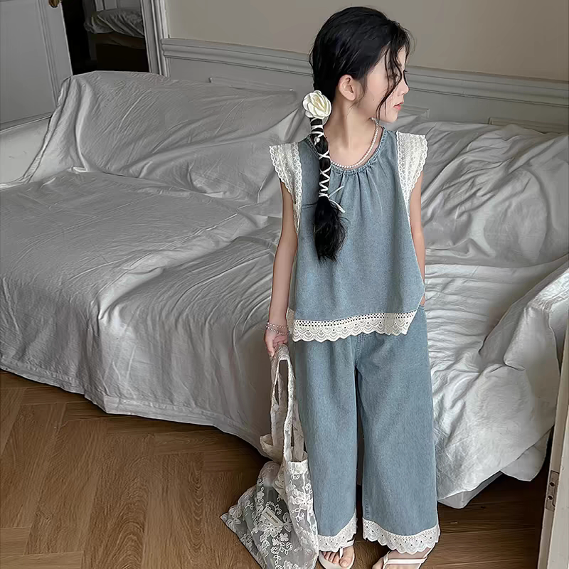 2025新款女童夏季牛仔背心套装阔腿裤女孩无袖两件套童装薄款洋气